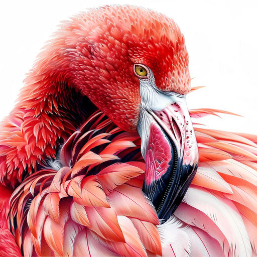 Hyper-realistic flamingo tattoo illustration showing detailed feathers and textures, on a white background.
