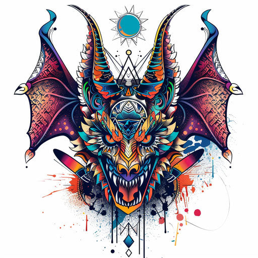 Flat tattoo sketch of a gargoyle with vibrant colors