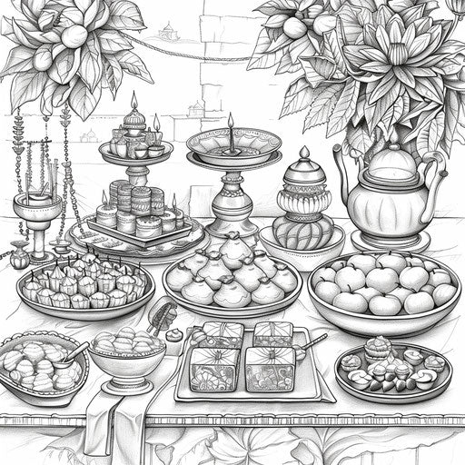 Decorated Diwali feast table with sweets and treats