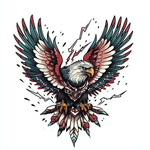 Chest tattoo with eagle and lightning bolts on white background