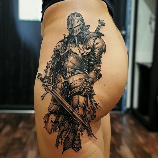 Hip tattoo of a knight in armor