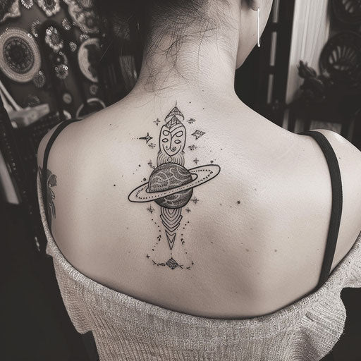 Polynesian-inspired galaxy tattoo, blending traditional tribal patterns with stars and planets, on a pure white backdrop