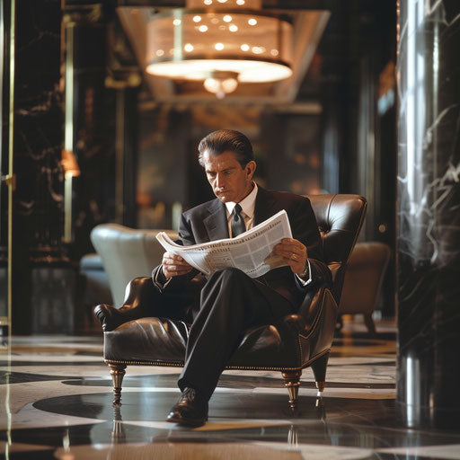 Businessman reading newspaper in sophisticated lounge