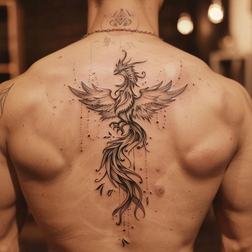 Fine line phoenix tattoo in the style of Gerald Brom