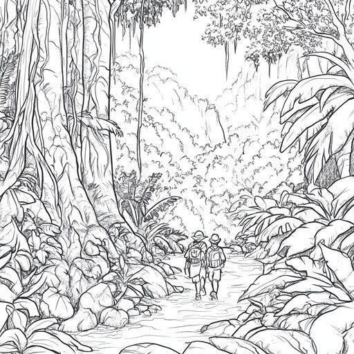 Rainforest with adventurers exploring, Mark Schultz style