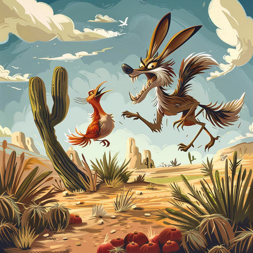 The chase of the coyote and the roadrunner in cartoon style
