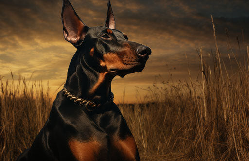 Dog sitting in a grassy field, light orange and dark black