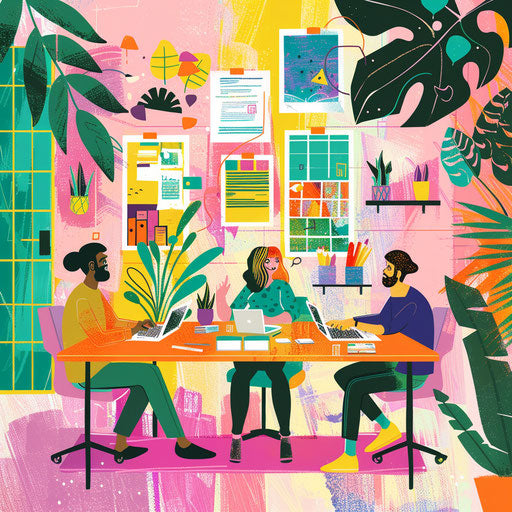 Marketing team crafting campaign in vibrant office