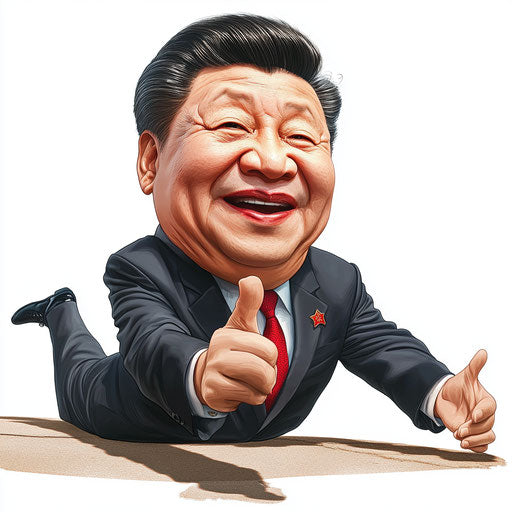 Humorous caricature of a Xi Jinping caricature clipart with human characteristics, exaggerated full lips, big hands, lying on the ground, vibrant colors, cartoon style, pointing, high-resolution, no background, isolated