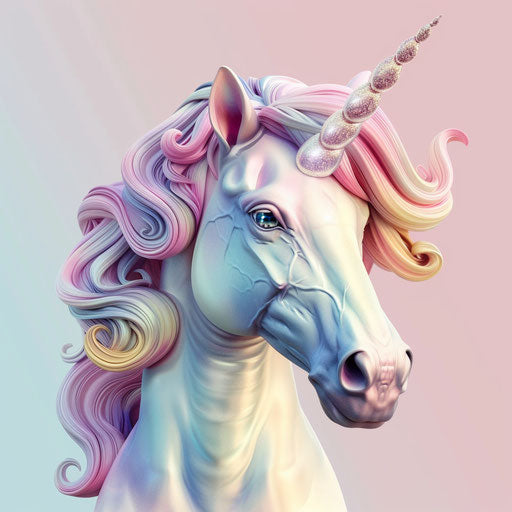 Realistic unicorn head illustration on random color background