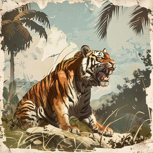 Vintage-style illustration of a tiger, evoking old-world explorations and the mystique of untamed lands
