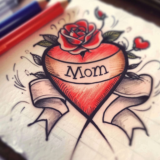 Traditional heart and banner tattoo design saying 'Mom'