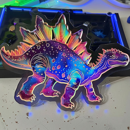 Neon stegosaurus tattoo on white paper