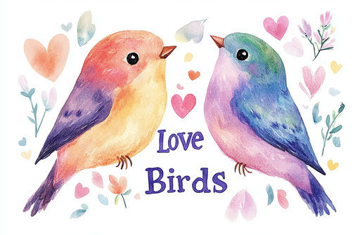 Watercolor love birds with hearts and flowers