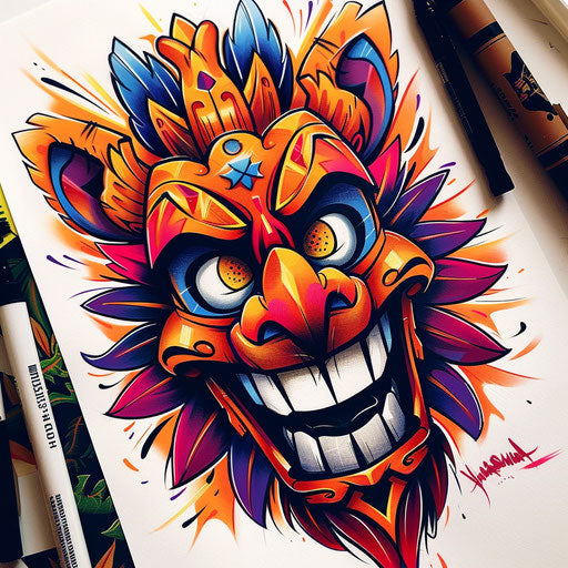Cartoon-style tattoo sketch of a hakuna matata symbol with fun, exaggerated features and bold colors