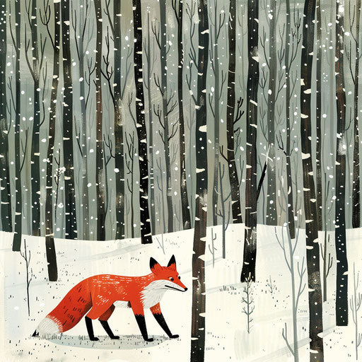 Nature encounter with a curious fox in a snowy birch forest