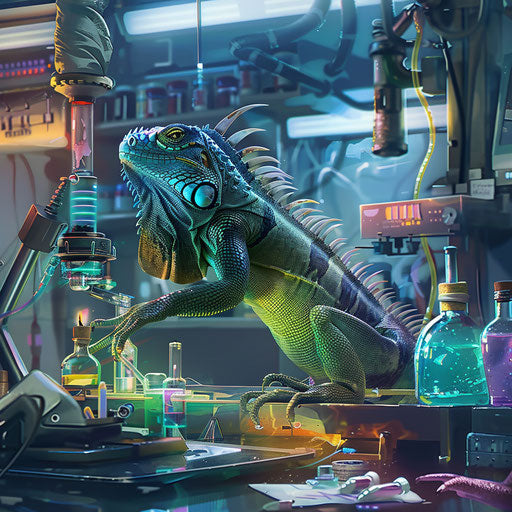 Iguana scientist in a lab with futuristic equipment