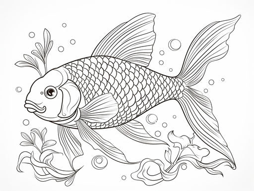 Gold fish coloring page line drawing in unique styles