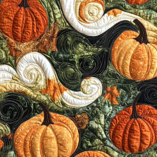 Quilting pattern with whimsical pumpkins and gourds, deep oranges and greens