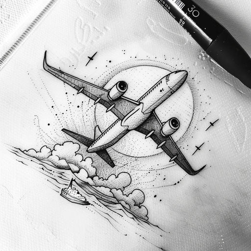 Elegant fine line tattoo sketch of a passenger airplane over the ocean