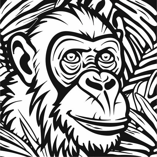 Simple monkey outline on tropical background. Coloring page