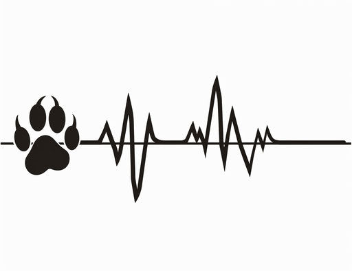 Heartbeat Line with Paw Print, Simple Black Vector Drawing