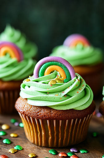 St. Patrick's Day-themed cupcakes with green frosting and rainbow candy