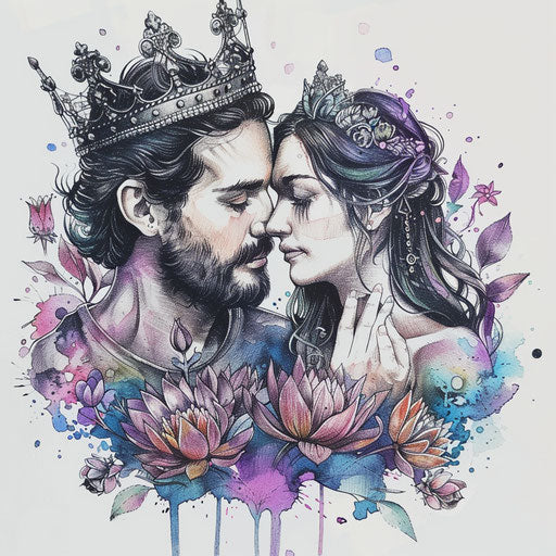 A serene tattoo sketch of a king and queen in a peaceful garden, surrounded by flowers, in pastel colors, clipart style