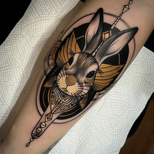 Vintage tattoo sketch of a bunny with art deco motifs in black and metallic gold