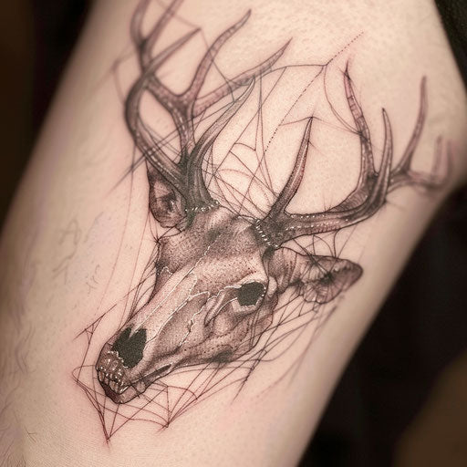 Horror-themed deer skull tattoo with spooky elements