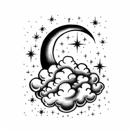 Celestial cloud with stars and crescent moon tattoo