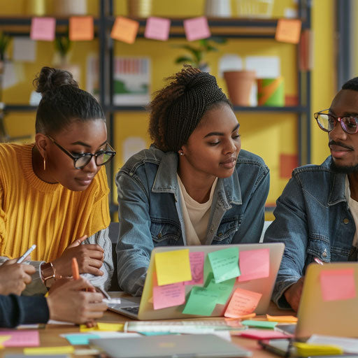 Diverse team of marketers planning campaign, colorful notes and laptops