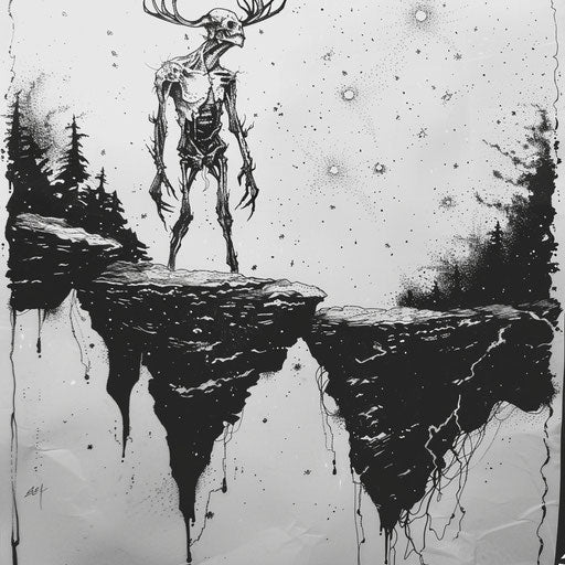 Flat tattoo sketch of a Wendigo standing on a cliff under a starry sky