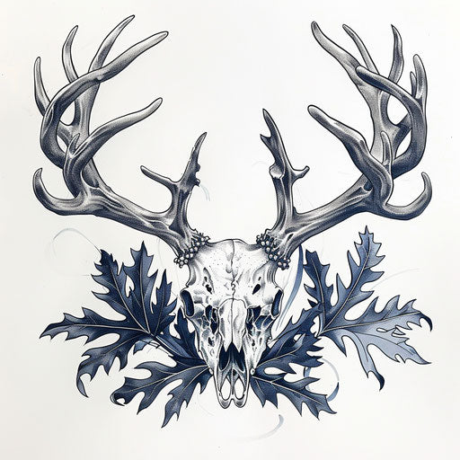 Deer skull with antlers intertwined among oak leaves