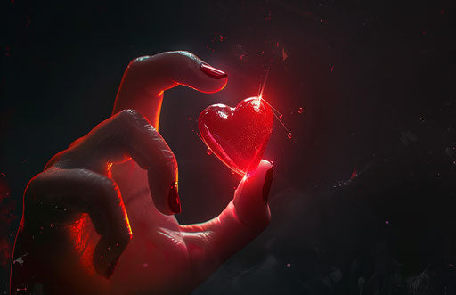 Heart-shaped finger with nail polish on dark background