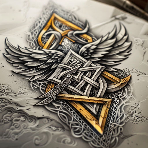 Elaborate filigree tattoo sketch of a Valknut with silver and gold highlights