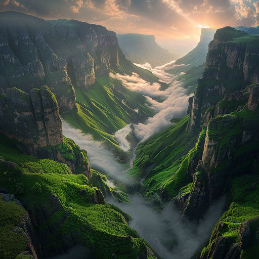 Lush valleys and towering cliffs at dawn
