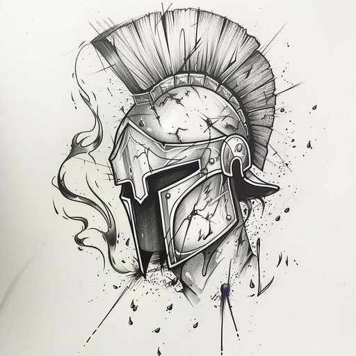 Magical spartan helmet tattoo sketch with spellbinding spells and enchanting potions