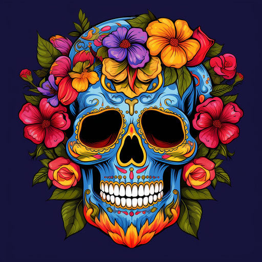 Halloween skull with flowers drawing vector illustration