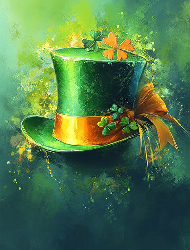 Elegant green hat with orange ribbons and clover leaves