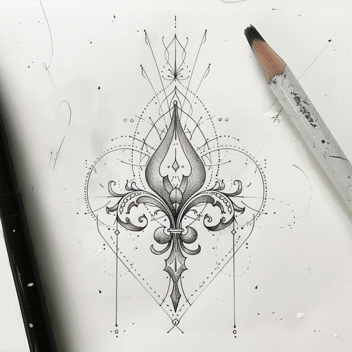 Detailed sketch of a fleur de lis with fine line art in minimalistic black ink
