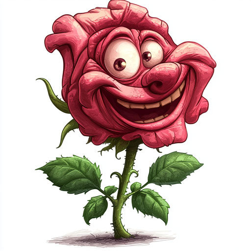 Humorous caricature of a rose with human characteristics