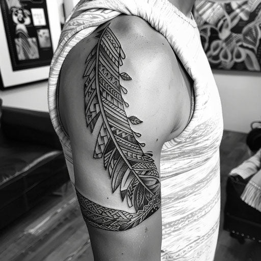 Feather and tribal armband tattoo, Steve McNiven style, upper arm
