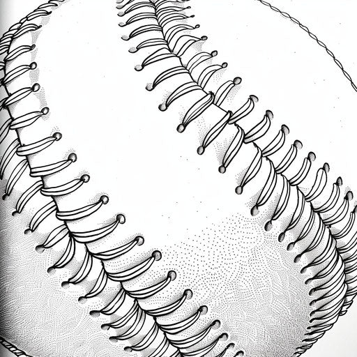 A close-up of a baseball with intricate stitching patterns. Coloring book page