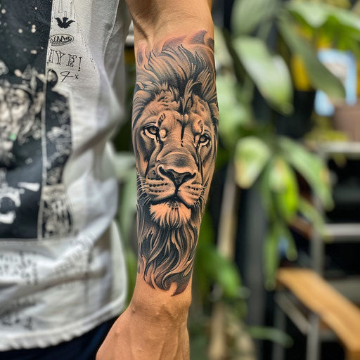 Lion forearm tattoo Ami James style