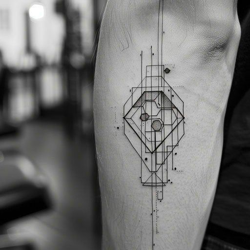 Minimalist black and white flat tattoo sketch with hexagon and abstract lines