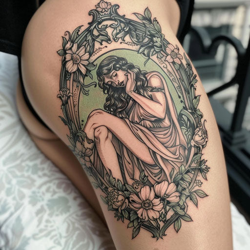 Romantic tattoo sketch of Aphrodite in a garden setting