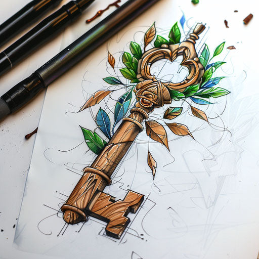Nature-inspired tattoo sketch: key with wooden handle and green leaf motifs