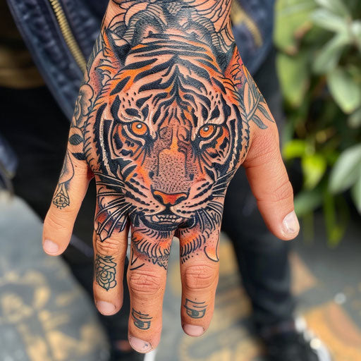 Hand tattoo with a tiger, Ami James style