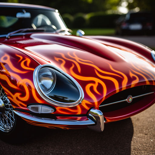 Flame decal on a Jaguar E Type car